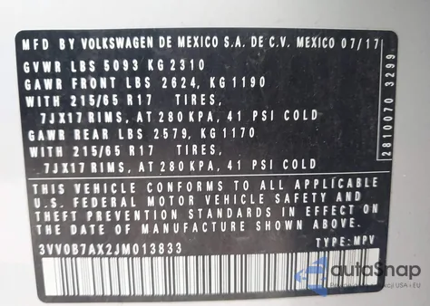 2018 Volkswagen Tiguan 2.0T S из США, поврежденный, VIN 3VV0B7AX2JM013833